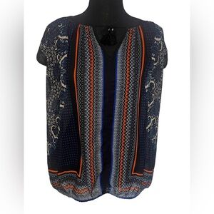 Hannah Short Sleeve Sheer Abstract Blouse Sz M Boho Y2K Tassels V Neck Peasant